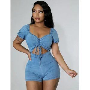 Blue Denim Jeans Short Sleeve V-Neck Ruched Cutout Bodycon Romper Playsuit